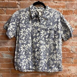 REI Blueish Gray & White Floral Button Up Shirt 100% Cotton Women’s Large
